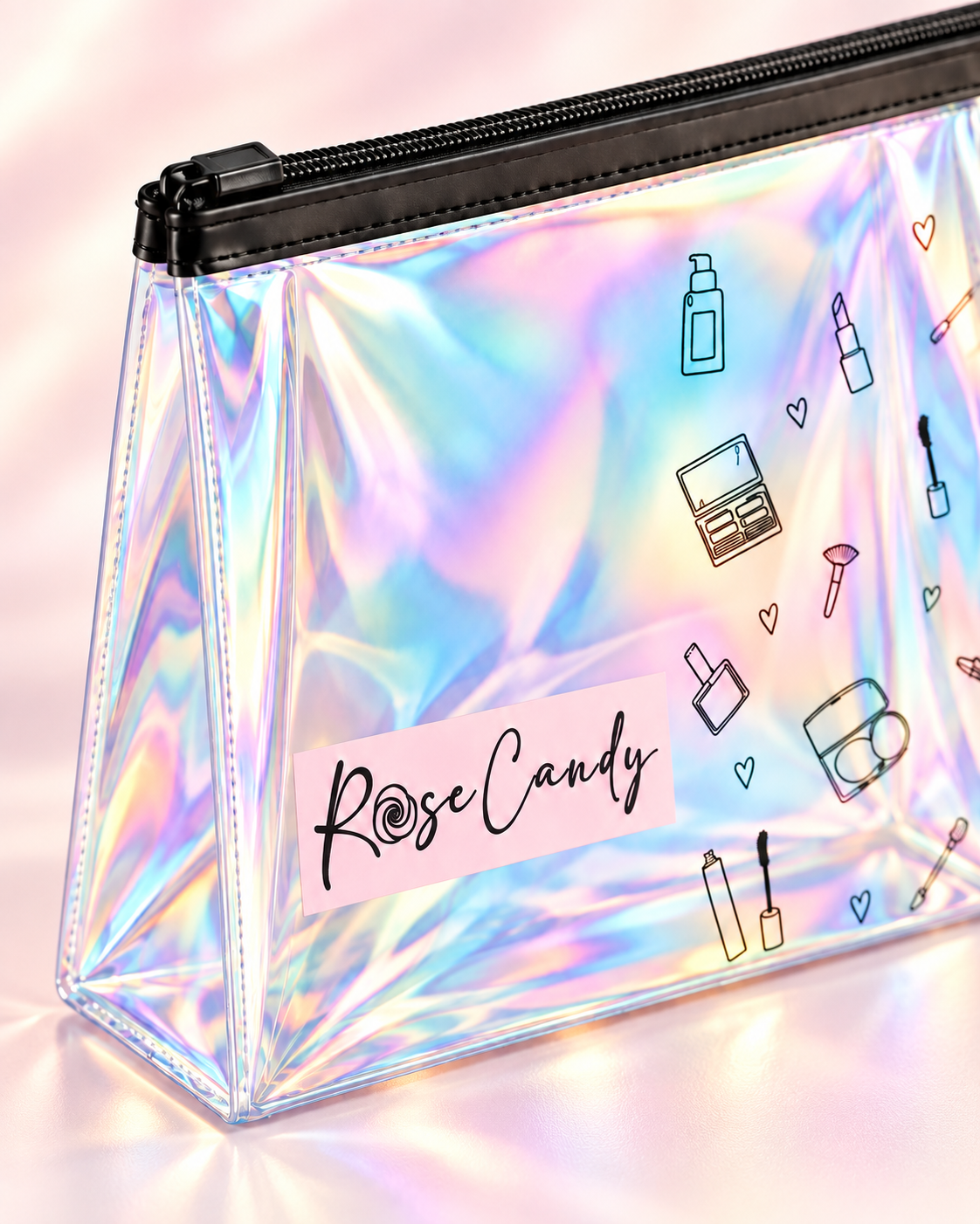 Rose Candy holografik şeffaf makyaj çantası, fermuar ve desen detayı