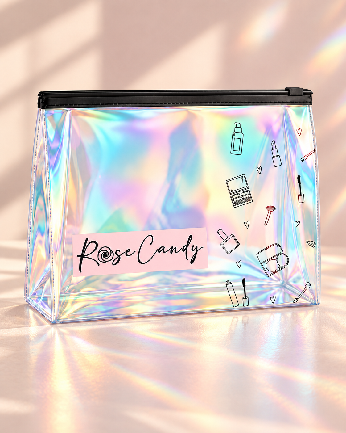 Rose Candy holografik makyaj çantası, editorial kullanım görünümü