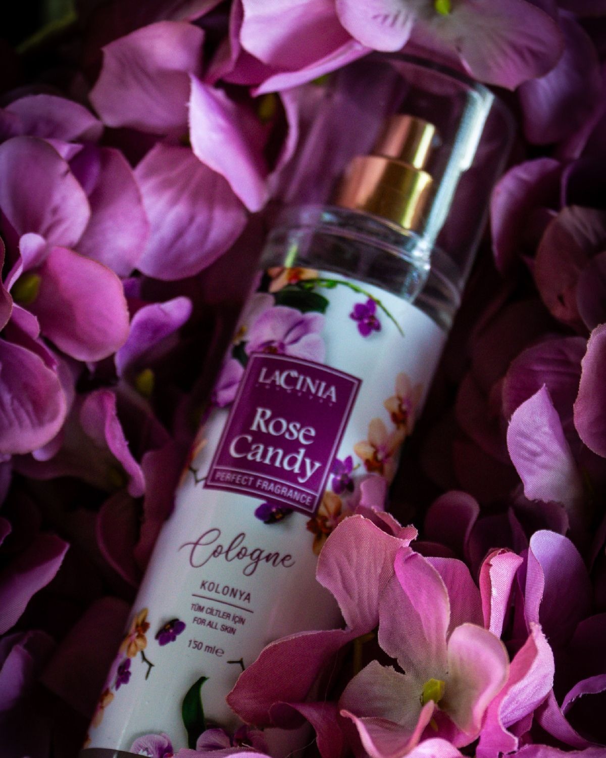 Rose Candy Cologne among purple flowers
